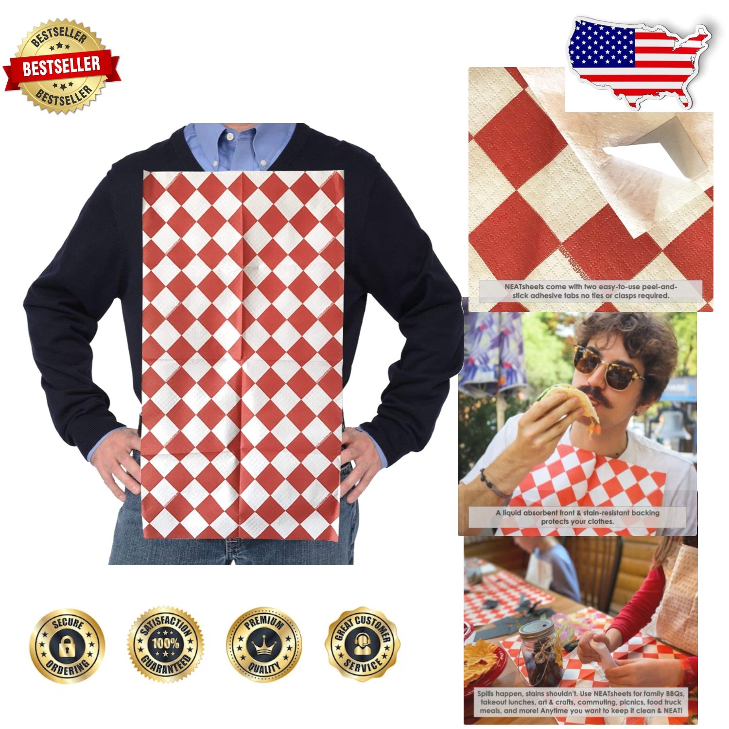 Adult Bibs 100ct Red White Diamond Water Resistant Disposable Easy Adhesive Tabs
