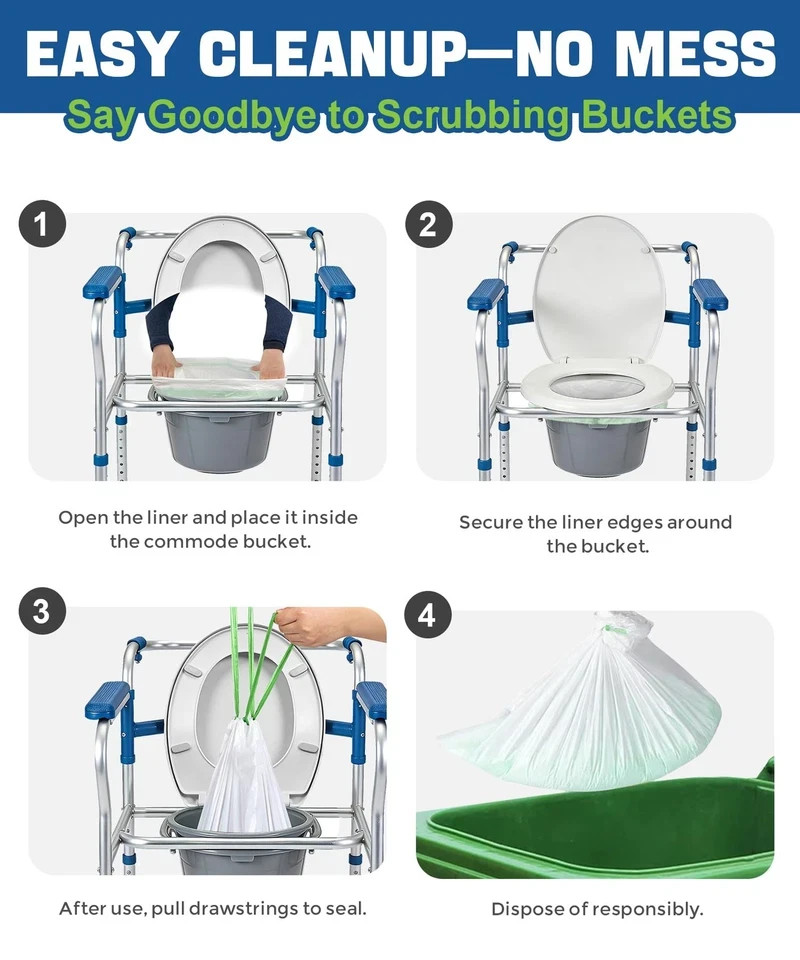 Bedside Commode Liners, Disposable Commode Bags with Drawstring, Leakproof Un.
