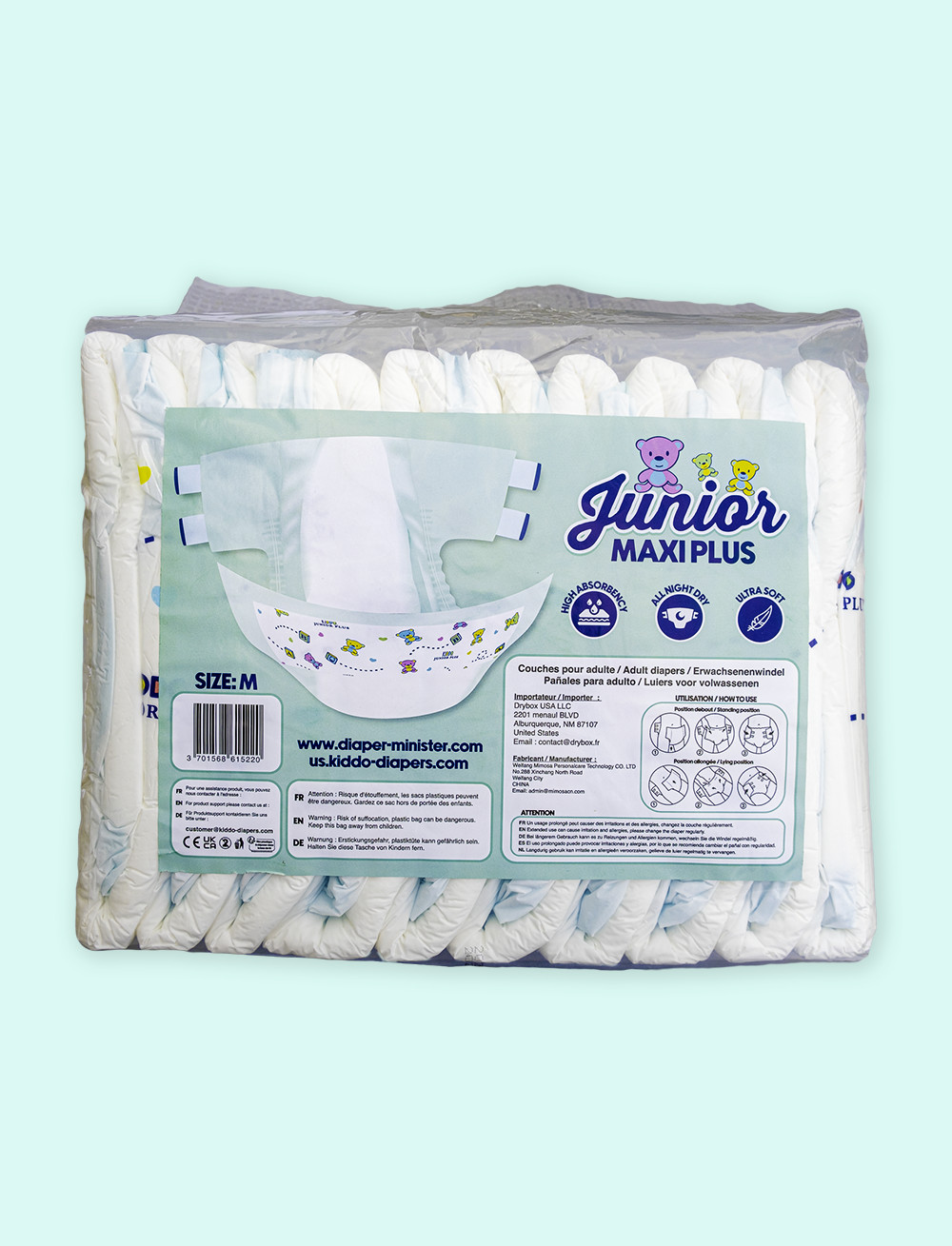 2-Pack of Kiddo Junior Maxi Plus 4-Tape Plastic Backed ABDL Holds 9,000ml Size L