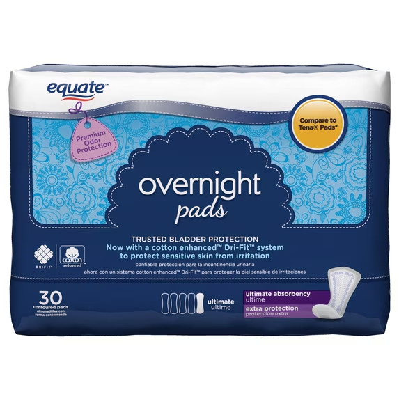 Equate Women’s Overnight Ultimate-Extra Coverage Incontinence Pads Free Shipping