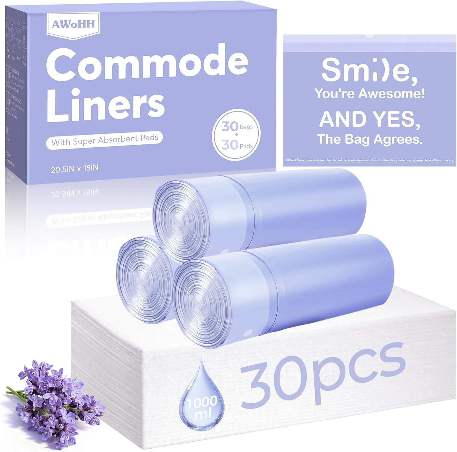 Bedside Commode Liners with Absorbent Pads, Tear-Free Leak-Proof Commode Line…