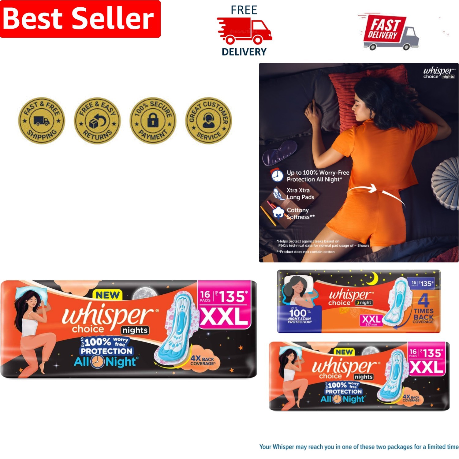 Choice Nights XXL Pads – 100% Leak Protection, Unscented, Cottony Soft, 16 Count