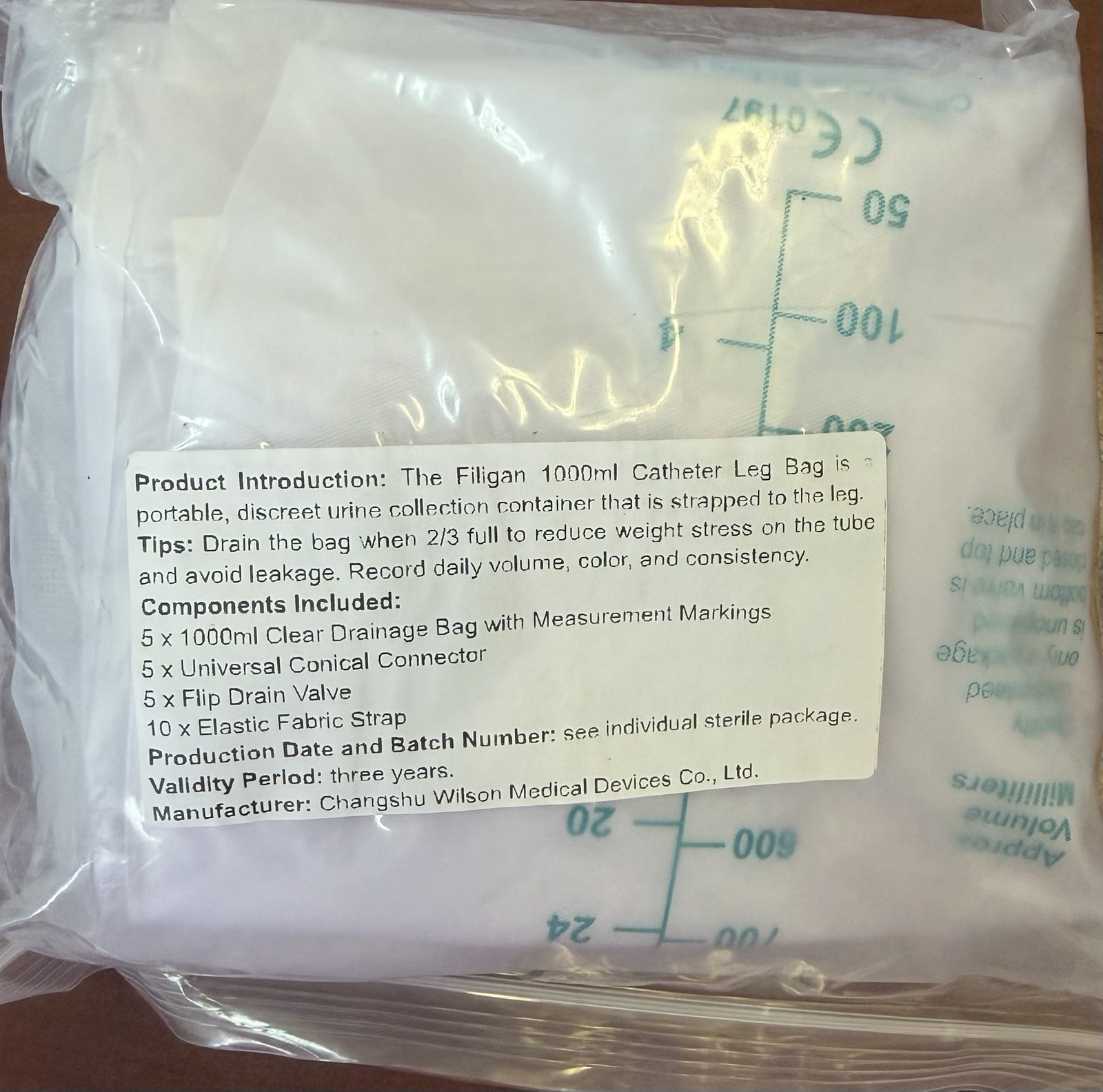 Filigan Urinary Leg Bag Large 1000ml 5-Pack Anti-Reflux Flip Drain Sterile