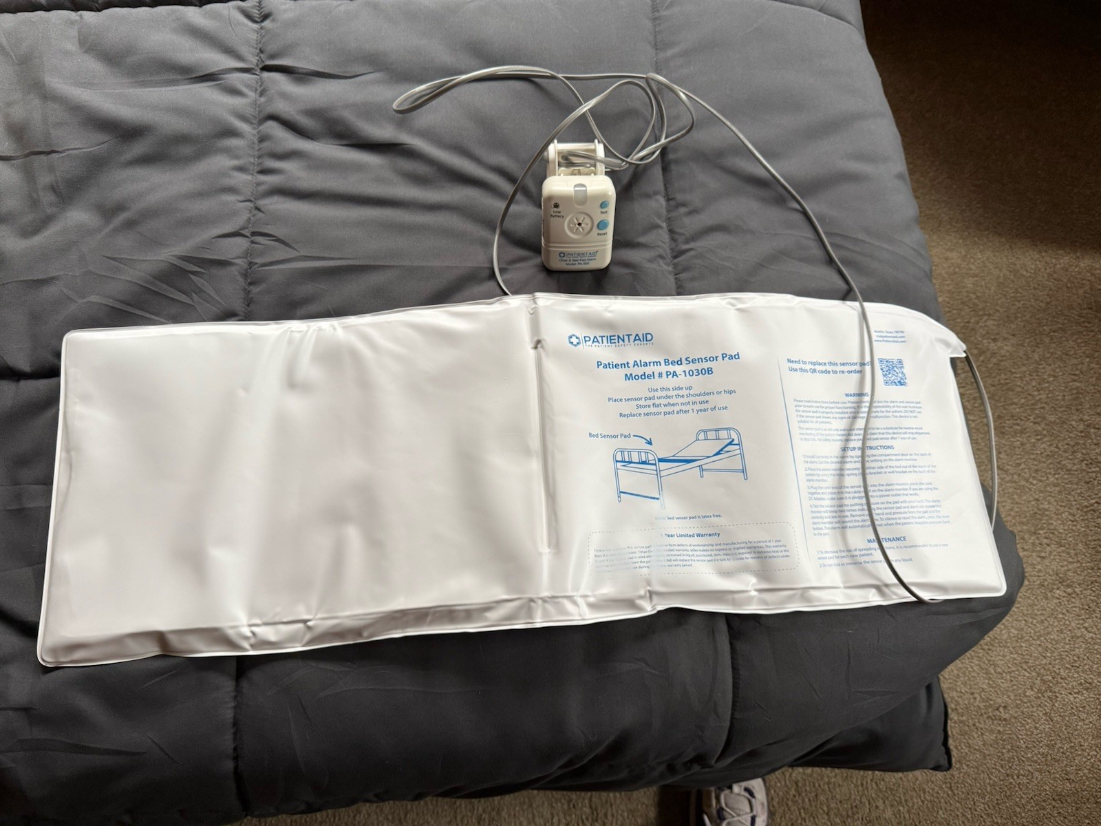 Patient Bed Alarm, 10″ X 30″ Bed Pad with Motion Sensor Alarm, 2 Ring Chime USED