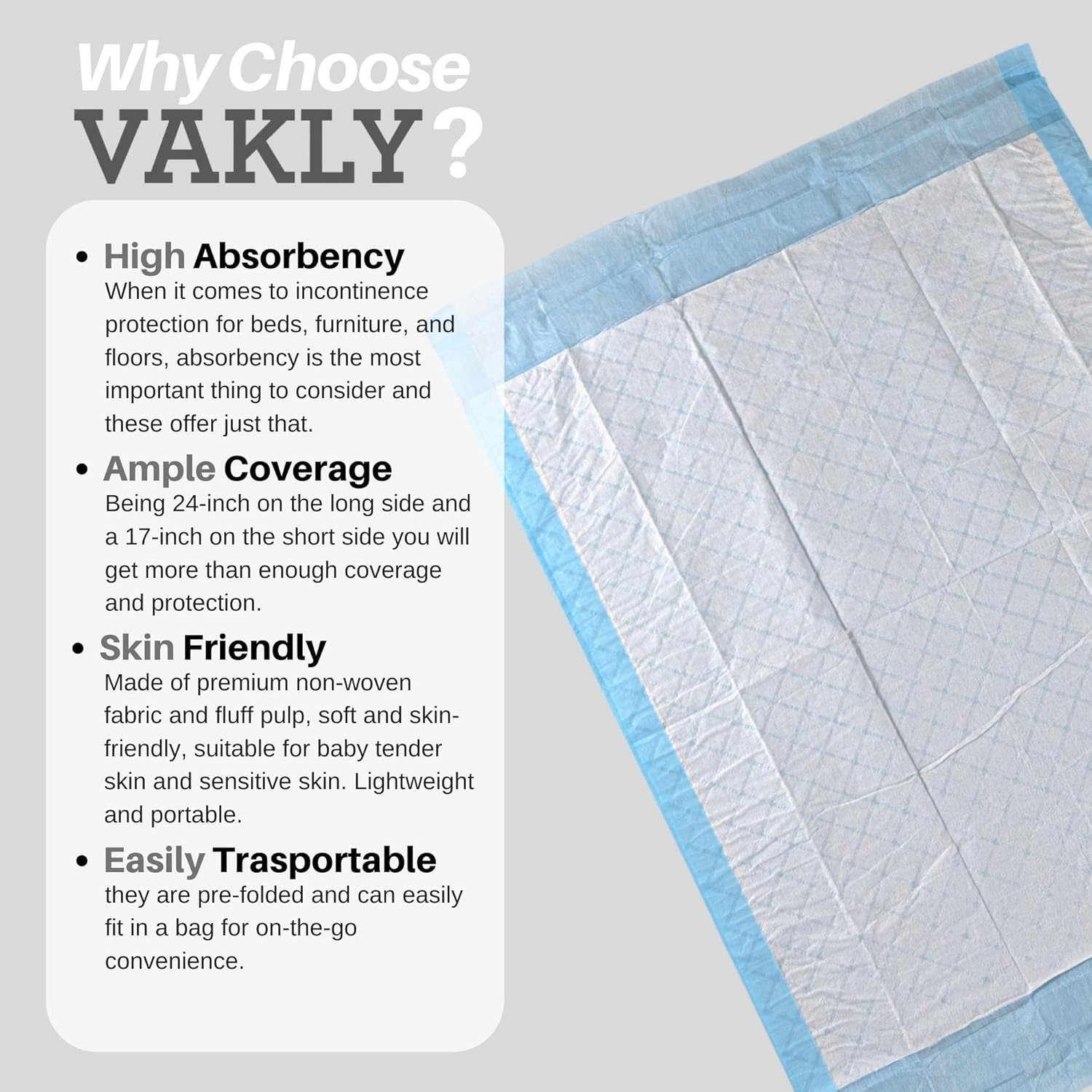 Skin-Friendly Disposable Underpads 17”x24” for Effective Protection (25 ct)
