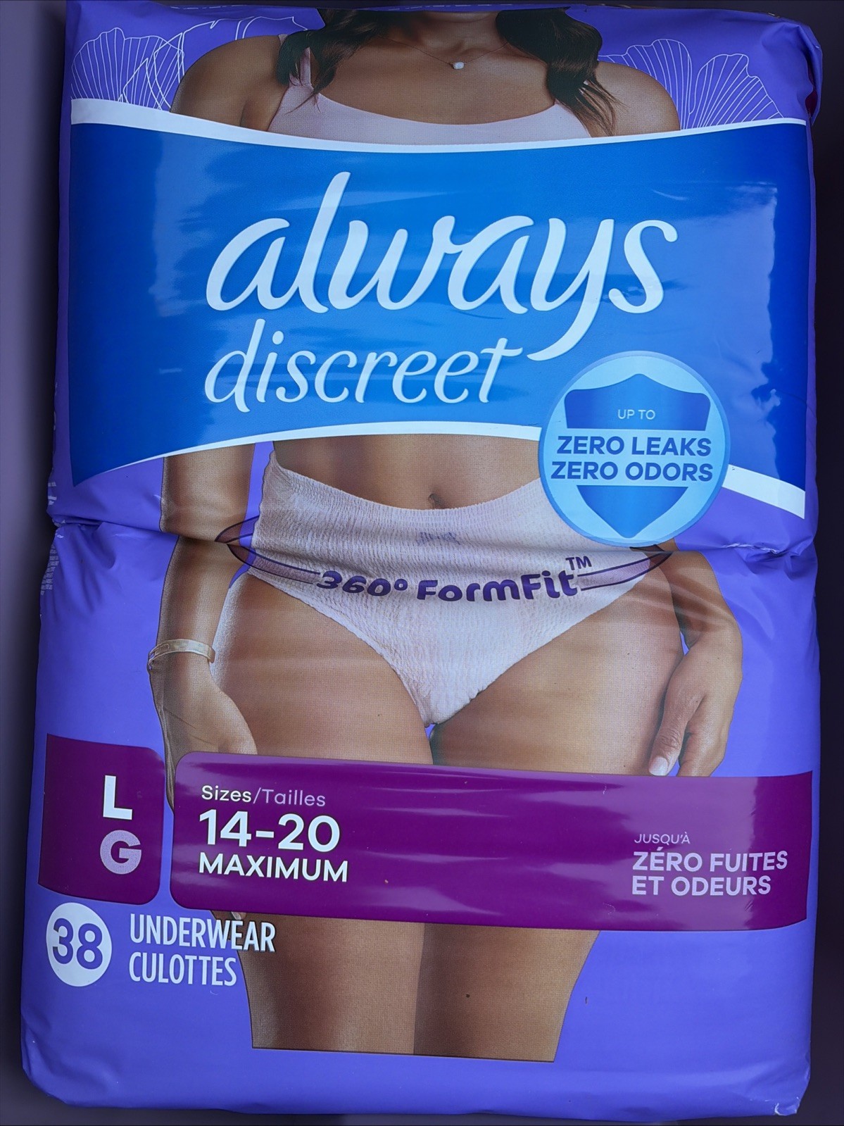 Always Discreet 38 Count L Maximum Underwear Cloths 360 degree FormFit