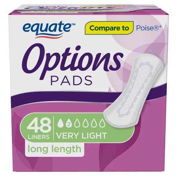(2-Pack) Equate Options Women’s Incontinence Pads, Very Light, Long, 48 Count
