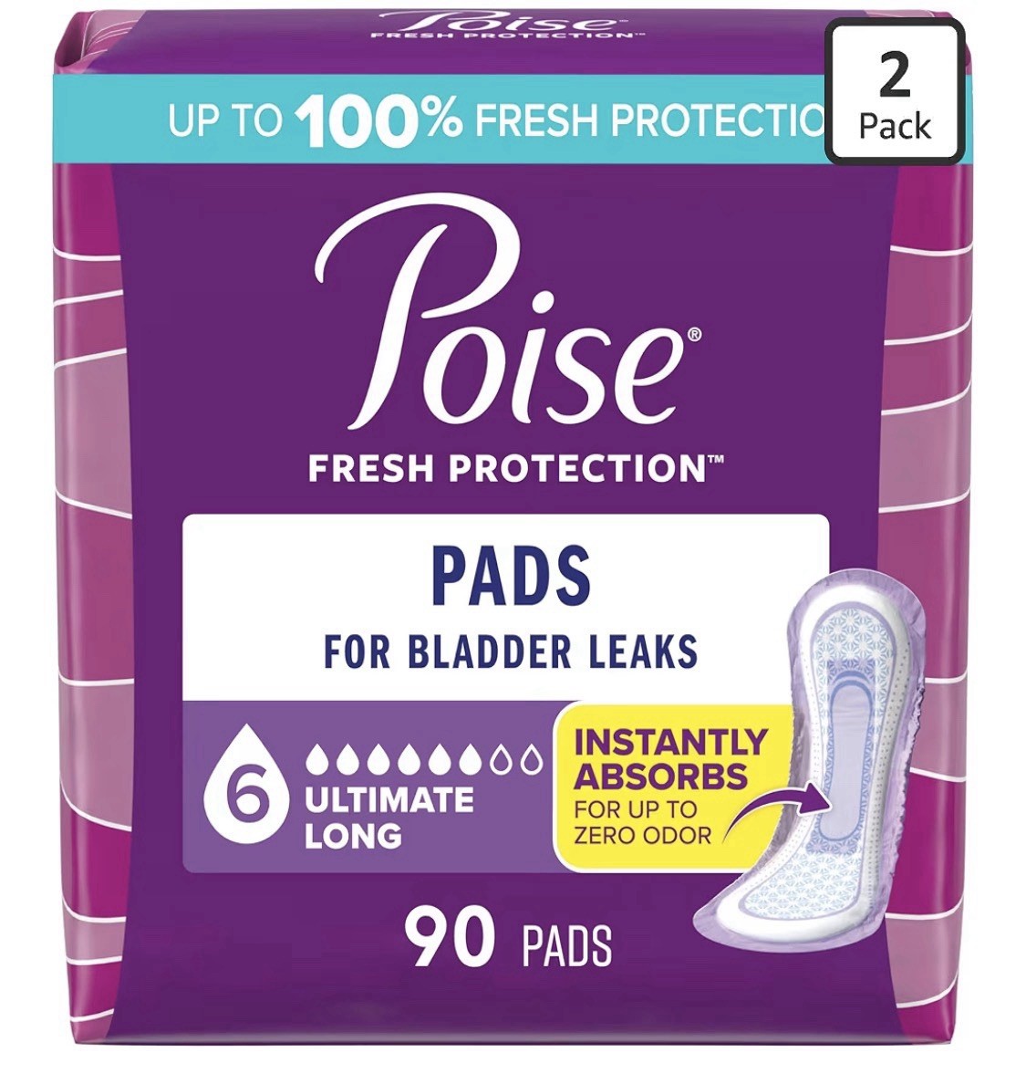 Poise Incontinence Pads for Women, 6 Drop Ultimate Absorbency, Long Length, 90Ct