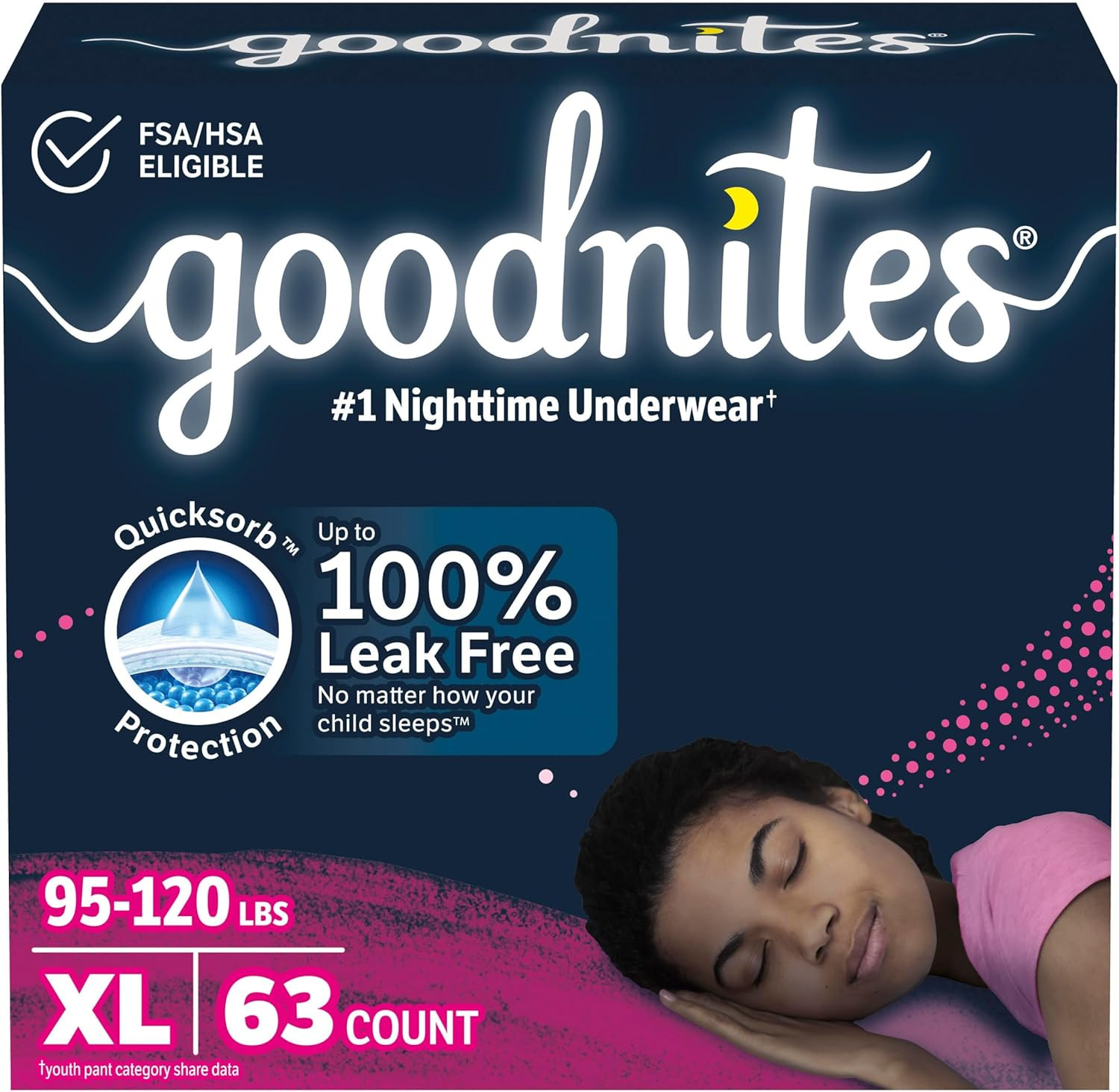 Goodnites Girls’ Bedwetting Underwear, XL (95-120 lbs), 63 Ct, 3 Packs