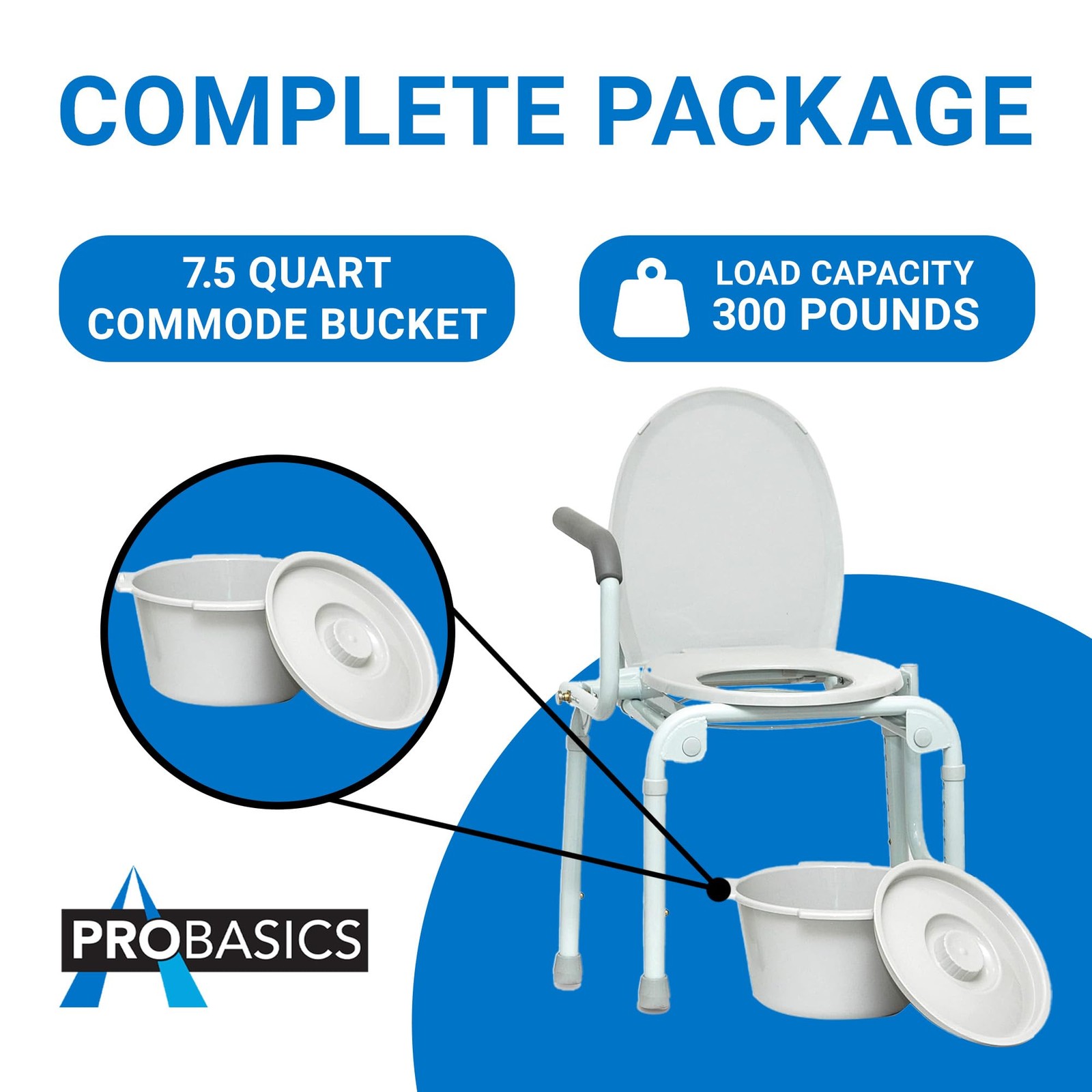 Probasics Drop Arm Adjustable Bedside Folding Commode Chair Portable Handles
