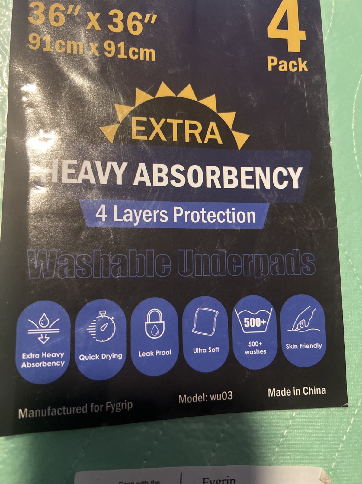 4 Pack 36” x 36” Extra Heavy Absorbency Washable Underpads, Waterproof Quick Dry