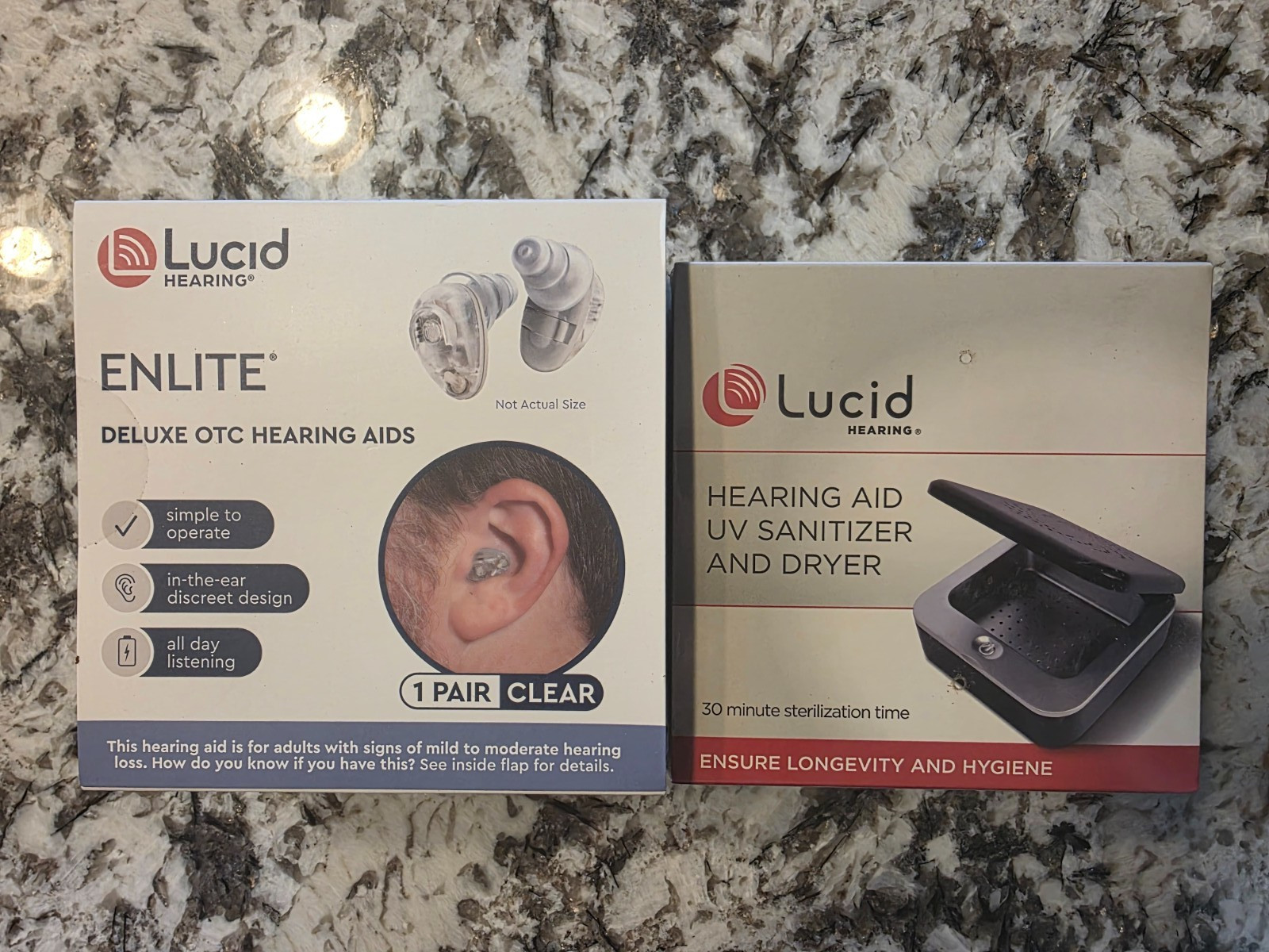 Lucid Hearing- OTC Enlite Deluxe Hearing Aids Clear w/ UV Sanitizer & Dryer NEW