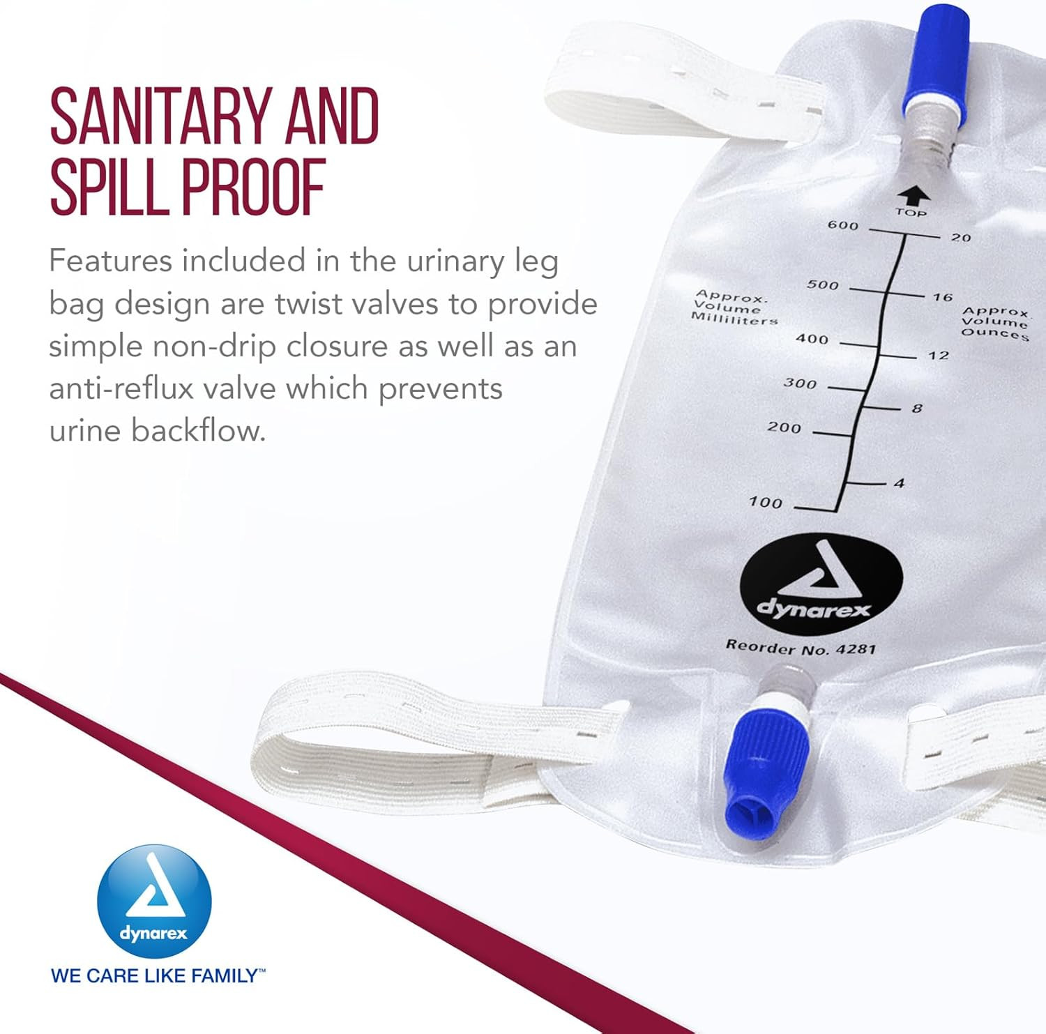 Dynarex Urinary Leg Bag, for Use with Catheter, Has a Non-Drip Closure & Anti