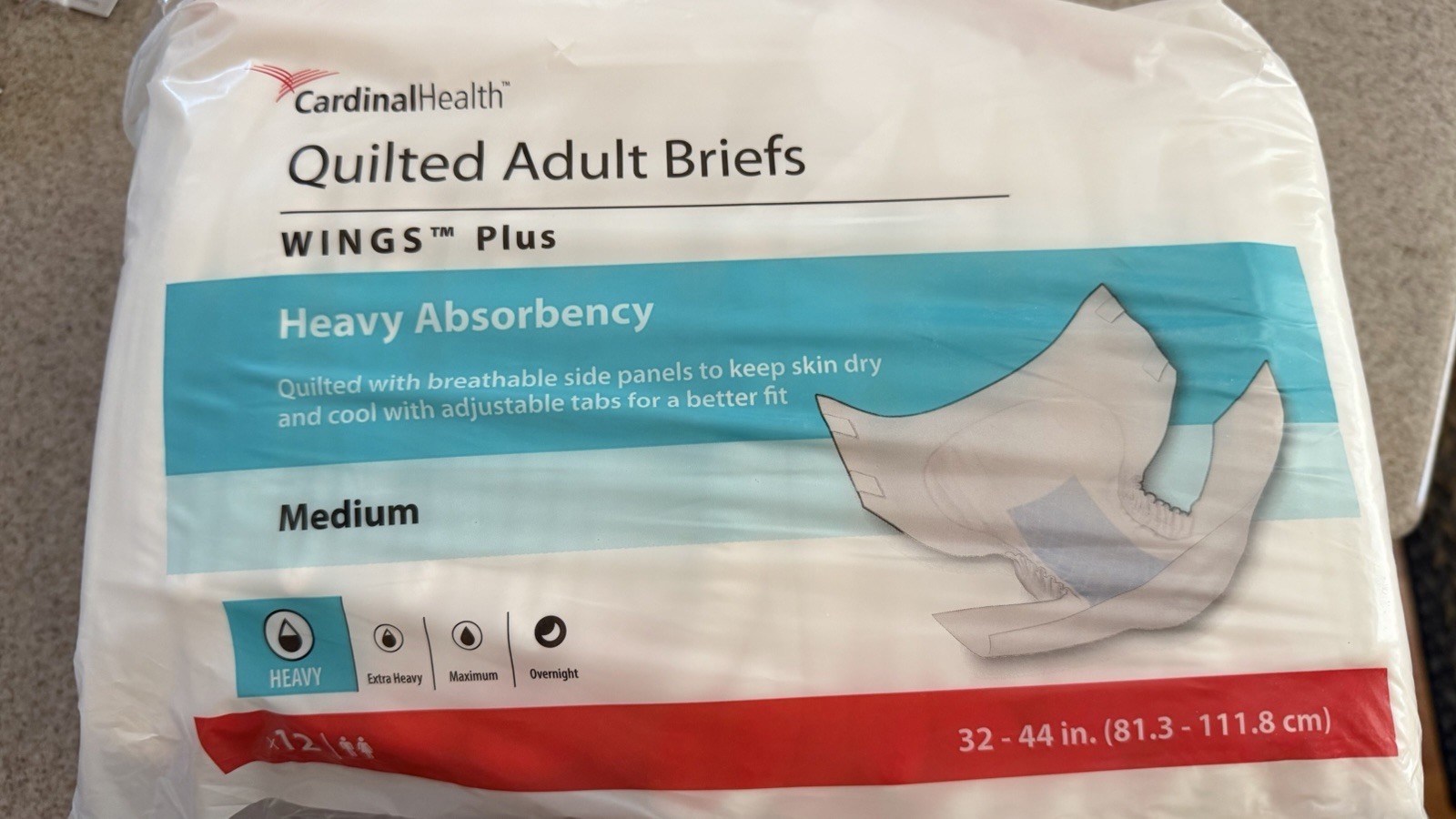 Cardinal Health Quilted Adult Briefs Wings Heavy Absorbency 12 Count Sz M 32-44”