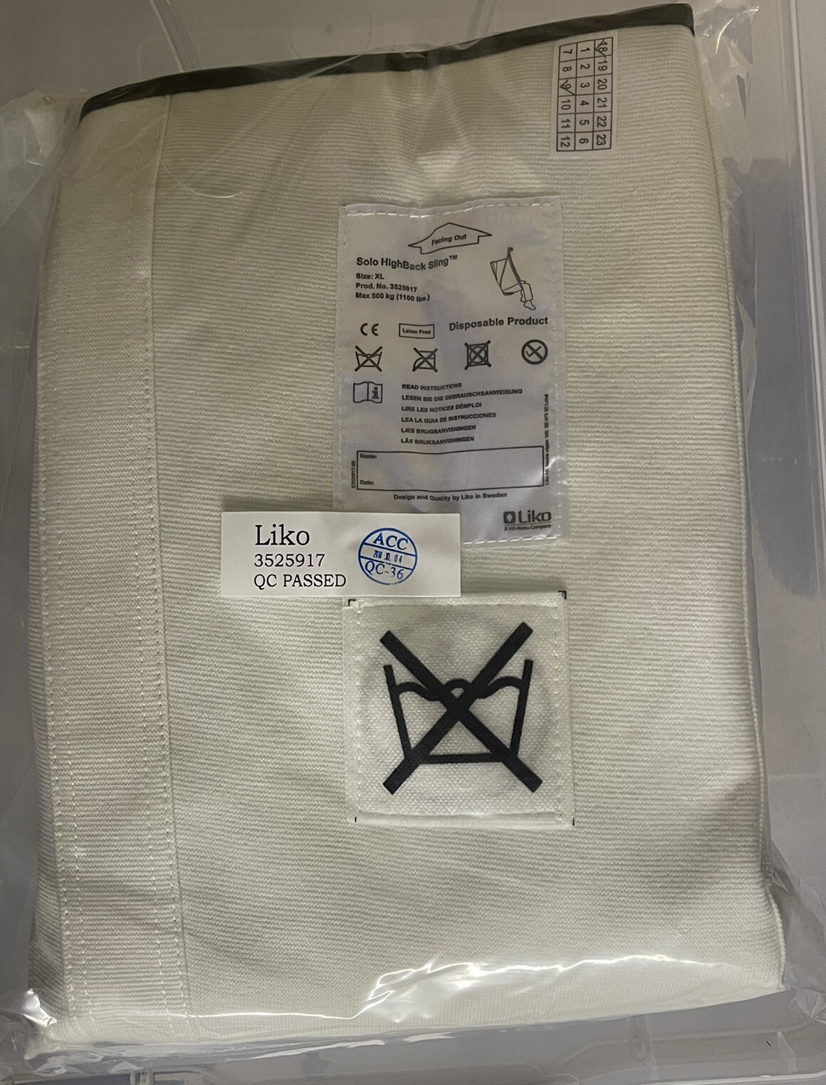 SOLO BY Liko Hilrom 3525917 HIGH BACK SLING XL SLING 1100 LB MAX NEW