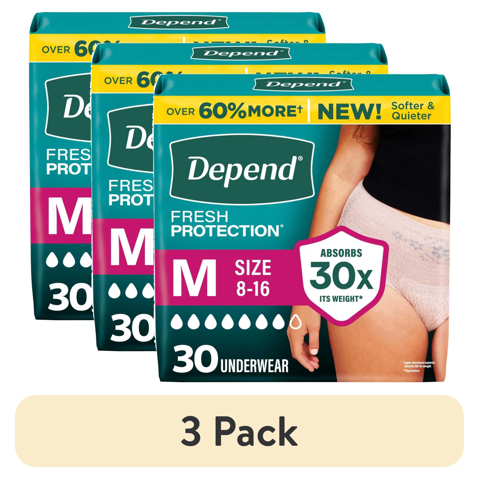 (3 pack) Depend Fresh Protection Incontinence Underwear for Women, M, 30 Count