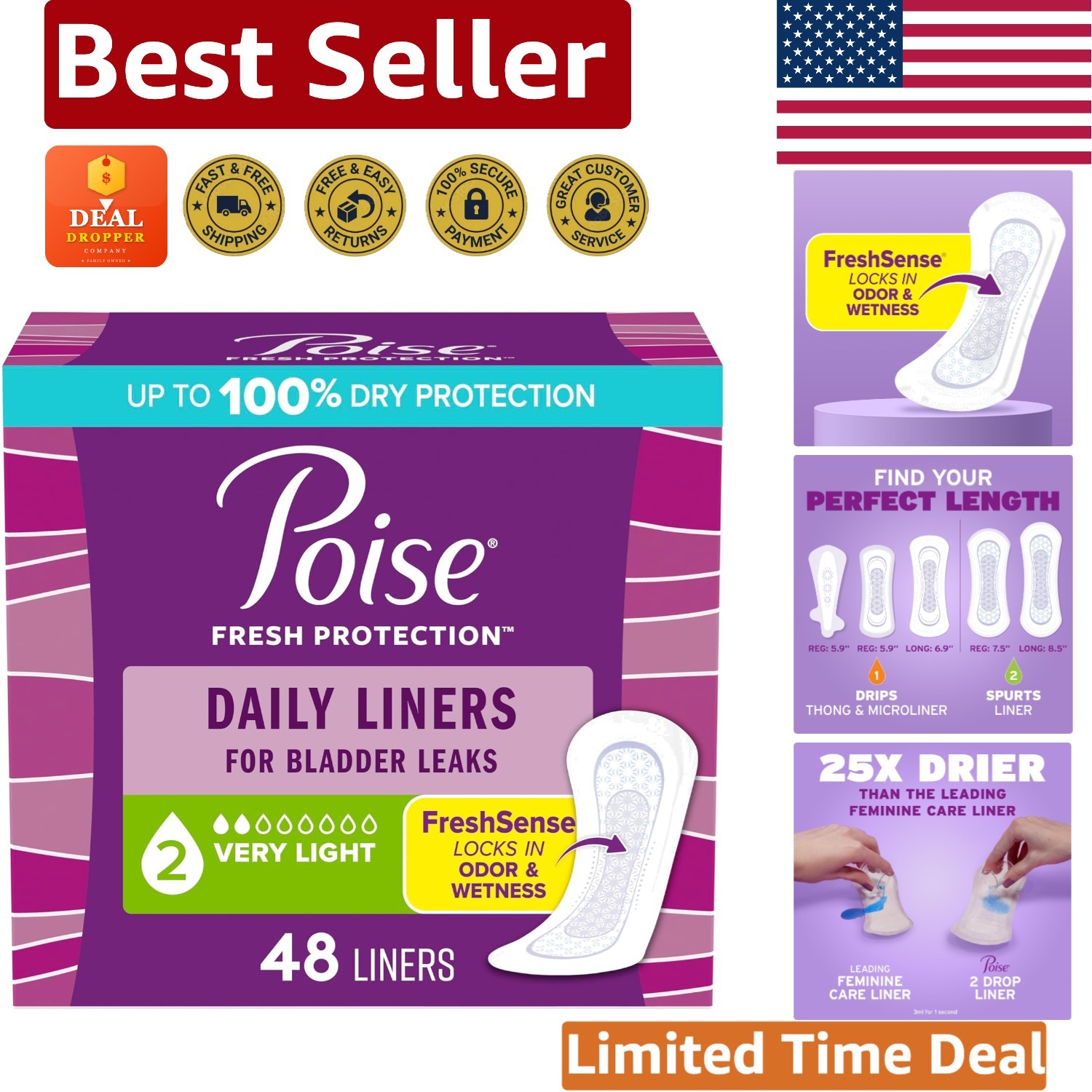 Poise Daily Liners, 48 Count Regular Length – Odor Control and Comfort for Women