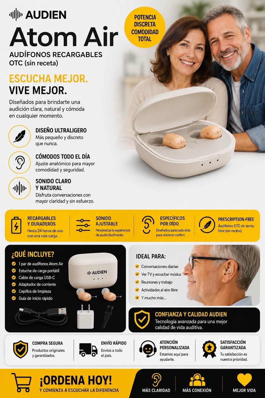 OTC Audien Atom Air CIC Hearing Aids, Rechargeable Pair w/ Charging Case