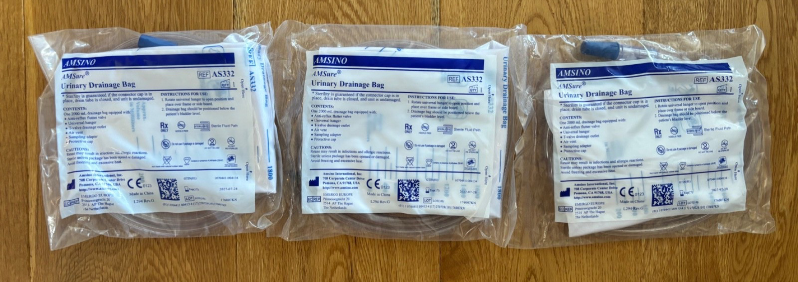 3 Amsino Amsure Urinary Drainage Bags – 2000mL