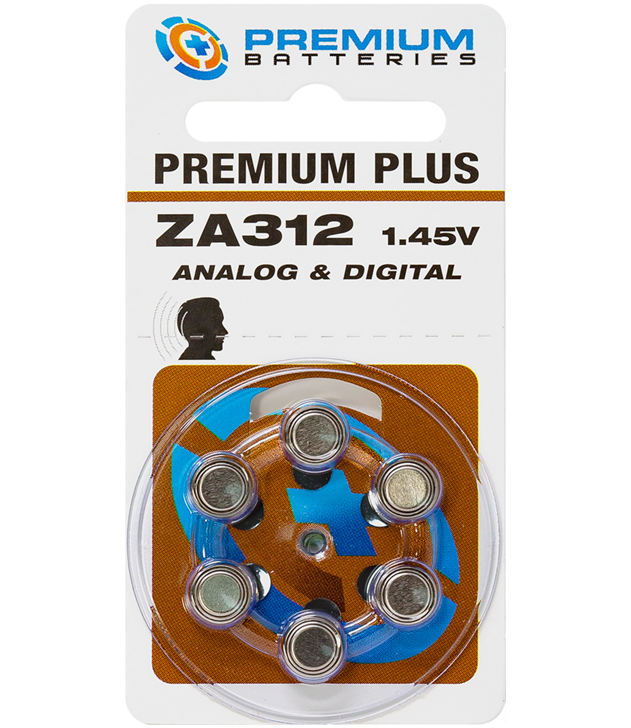 Premium Batteries Size 312 ZA312 1.45V Hearing Aid Batteries Brown Tab (6 Pack)
