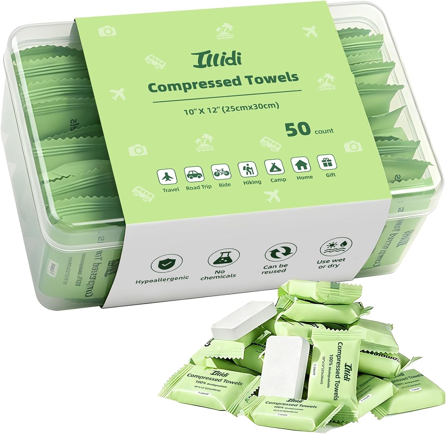 ILLIDI Compressed Towels, 50 Count Individually Wrapped Mini Tablets, Disposable