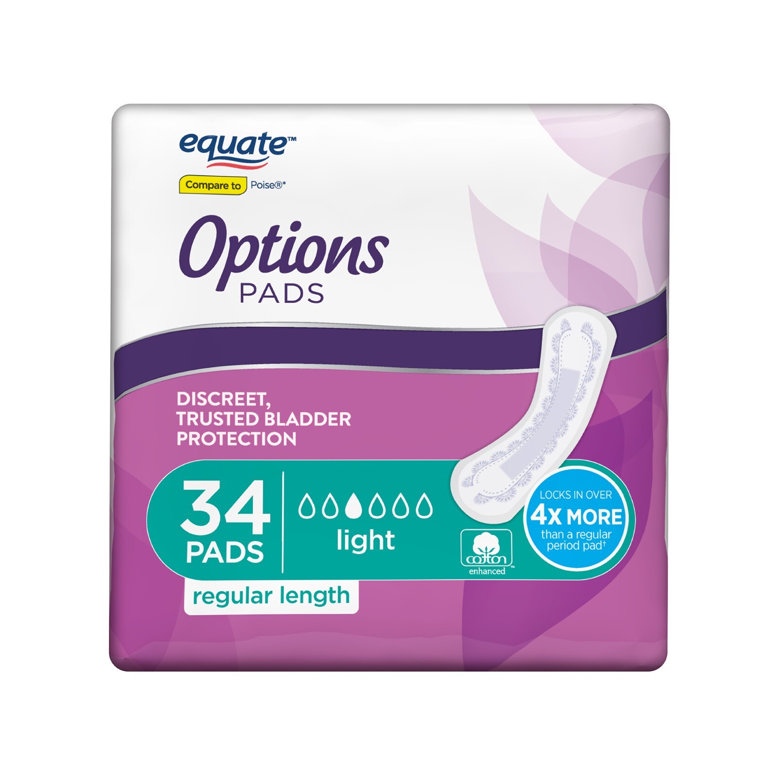 272 Count Equate Options Women Unscented Incontinence Pads Light Regular Length