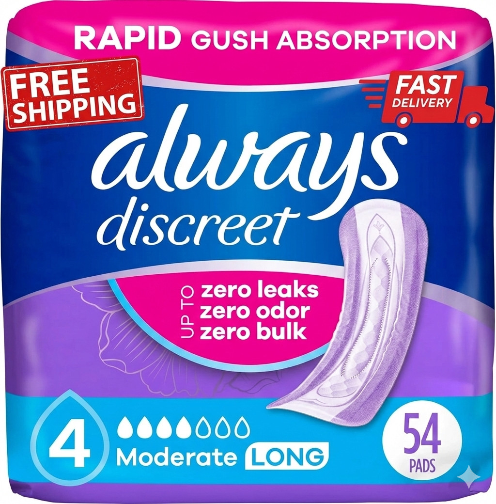 Always Discreet Adult Incontinence Pads for Women, Moderate Absorbency, Long Len