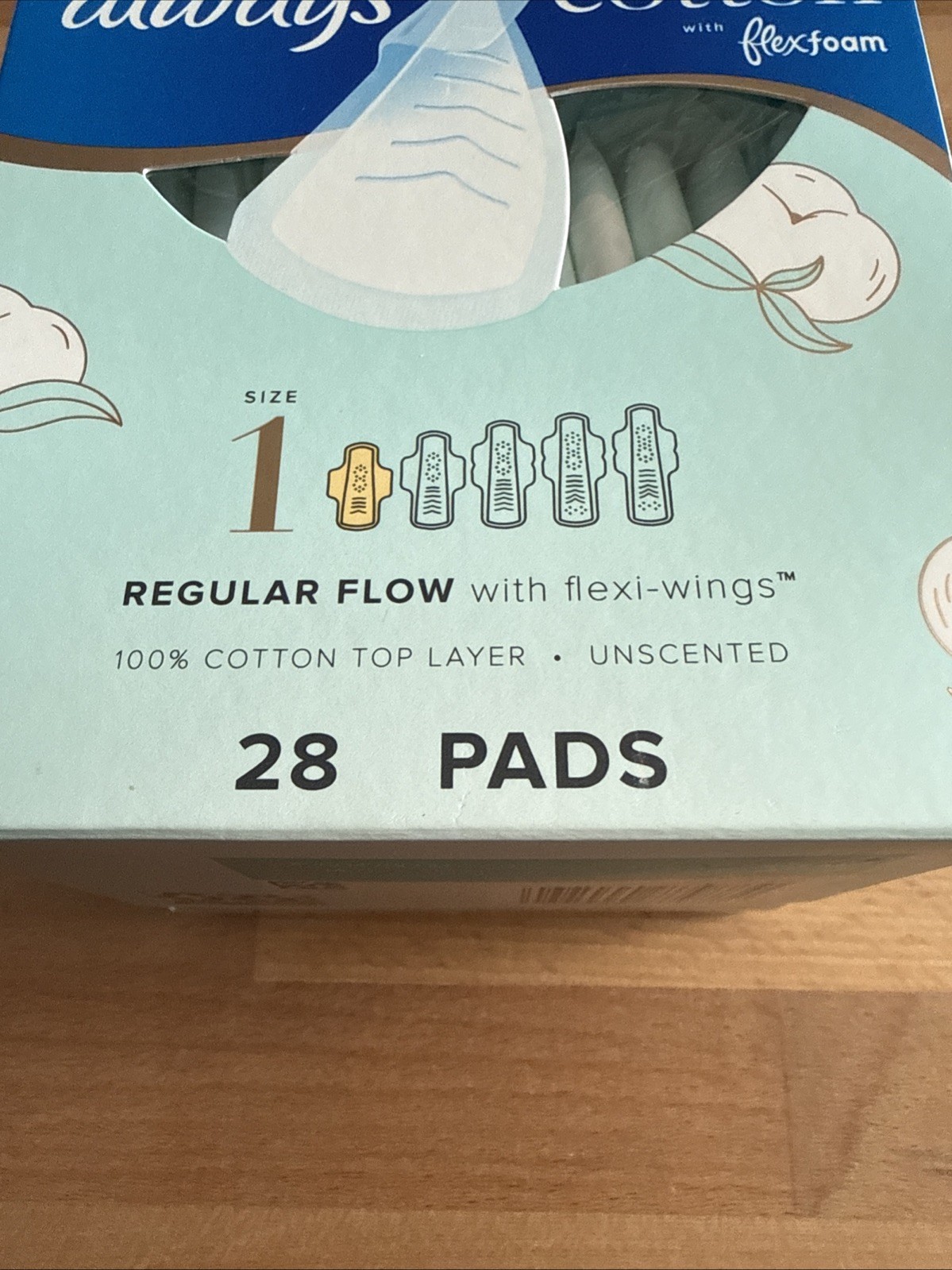 Always Pure Cotton Unscented 100% Cotton Regular Flow Flexi-Wings Pad 28ct