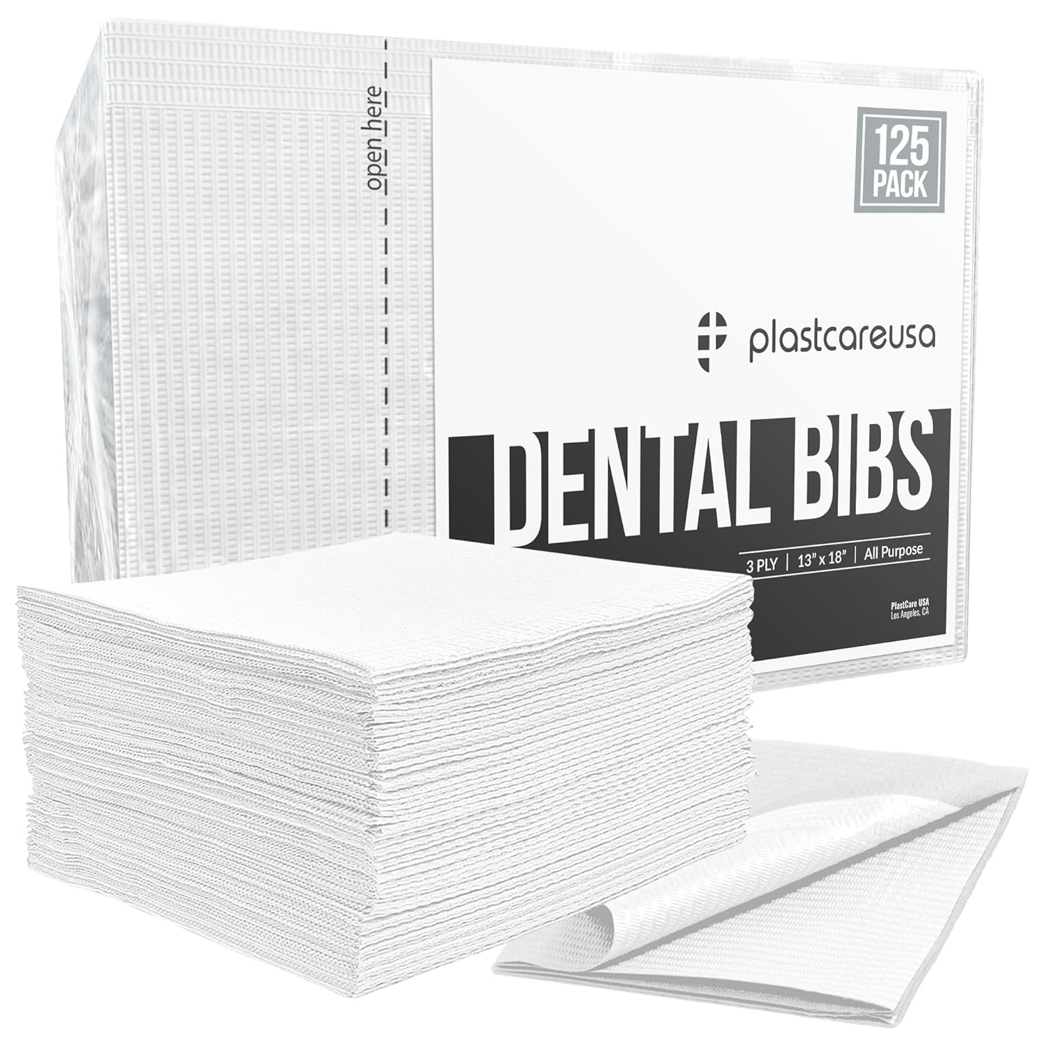 PlastCare USA Disposable Dental Bibs 13″x18″ (125 Pack) – 3 Ply Waterproof Tatto