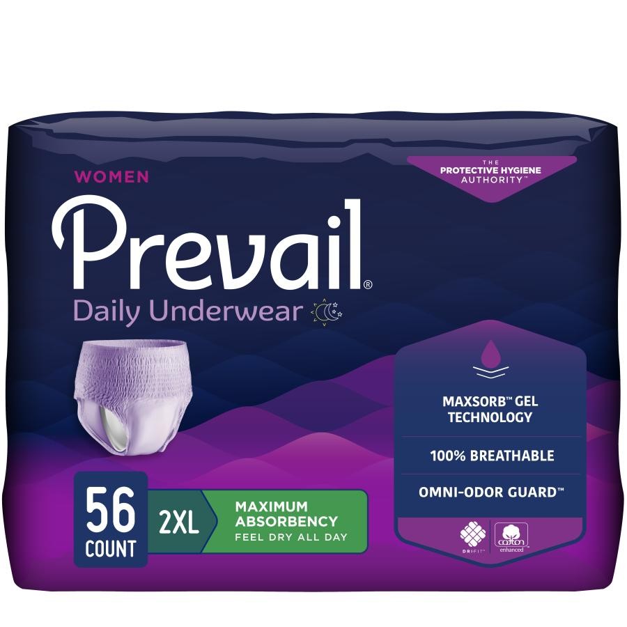 Prevail Inco Underwear Women Adult 2XL 64-80″ Waist/Hip Disposable Max Absorb 56