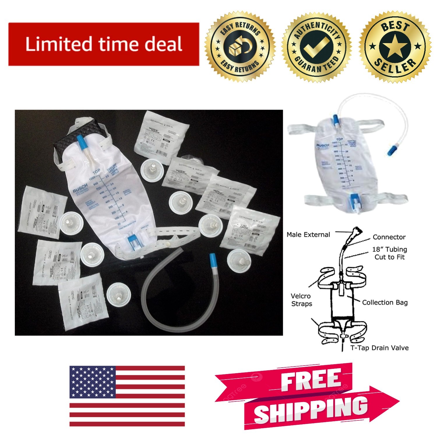 Complete Urinary Incontinence Kit: 7 Self-Seal Condom Catheters + 1000ml Leg Bag