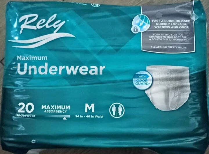 RELY INCONTINENCE BRIEF MAXIMUM ABSORBENCY UNDERWEAR 20-COUNT MEDIUM 34″-46″