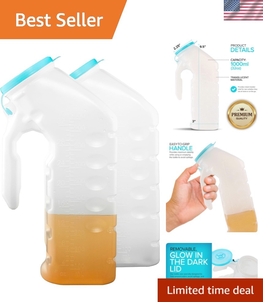 Durable & Portable Male Urinal Set with Glow in the Dark Lid – 2 Bottles, 32 Oz