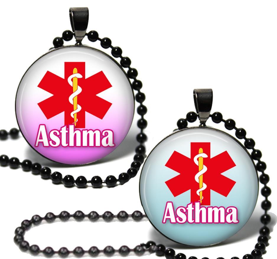 Asthma Medical Alert Necklace Asthmatic Glass Top Pendant Black Setting & Chain