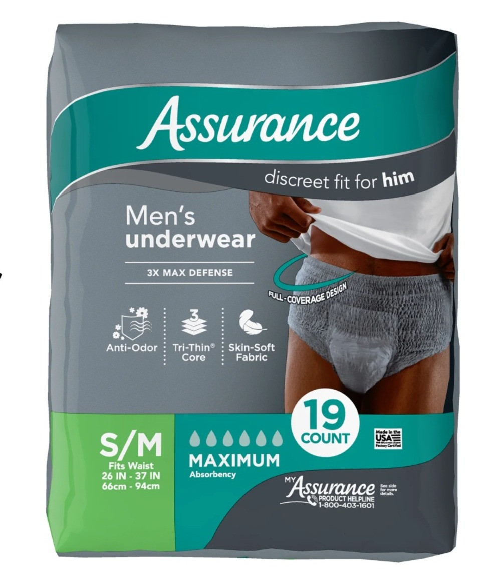 Assurance Men’s Underwear, Maximum Absorbency, Size S/M, 19 CT-2 PACK =38 COUNT