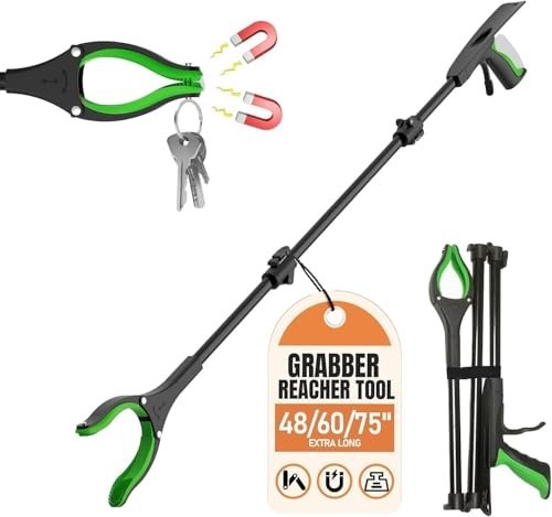 60″ Extra Long Grabber Reacher Tool, Foldable Magnetic Pickup Aid, Strong Grip T