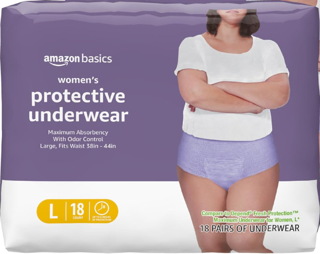Amazon Basics Incontinence Underwear for Women, Large, Pack of 18