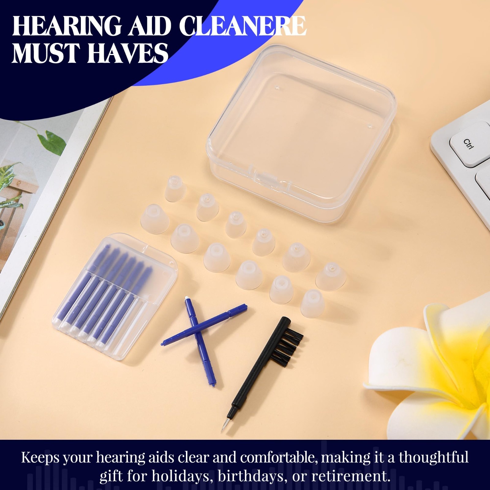 Hearing Amplifier Cleaning Kit – 17 Pcs, Silicone Domes, Brush, Wax Guards & Cas
