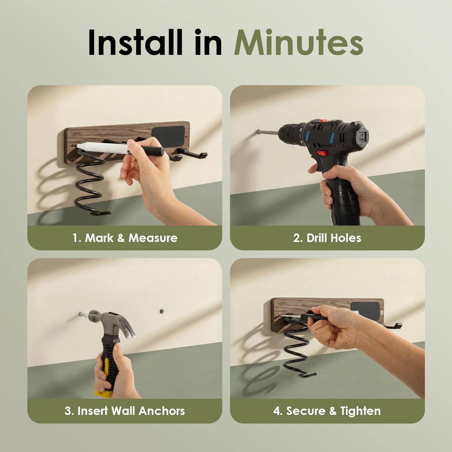 Tindbea Upgraded Walnut Hair Dryer Holder Wall Mounted3-In-1 Hair Tool