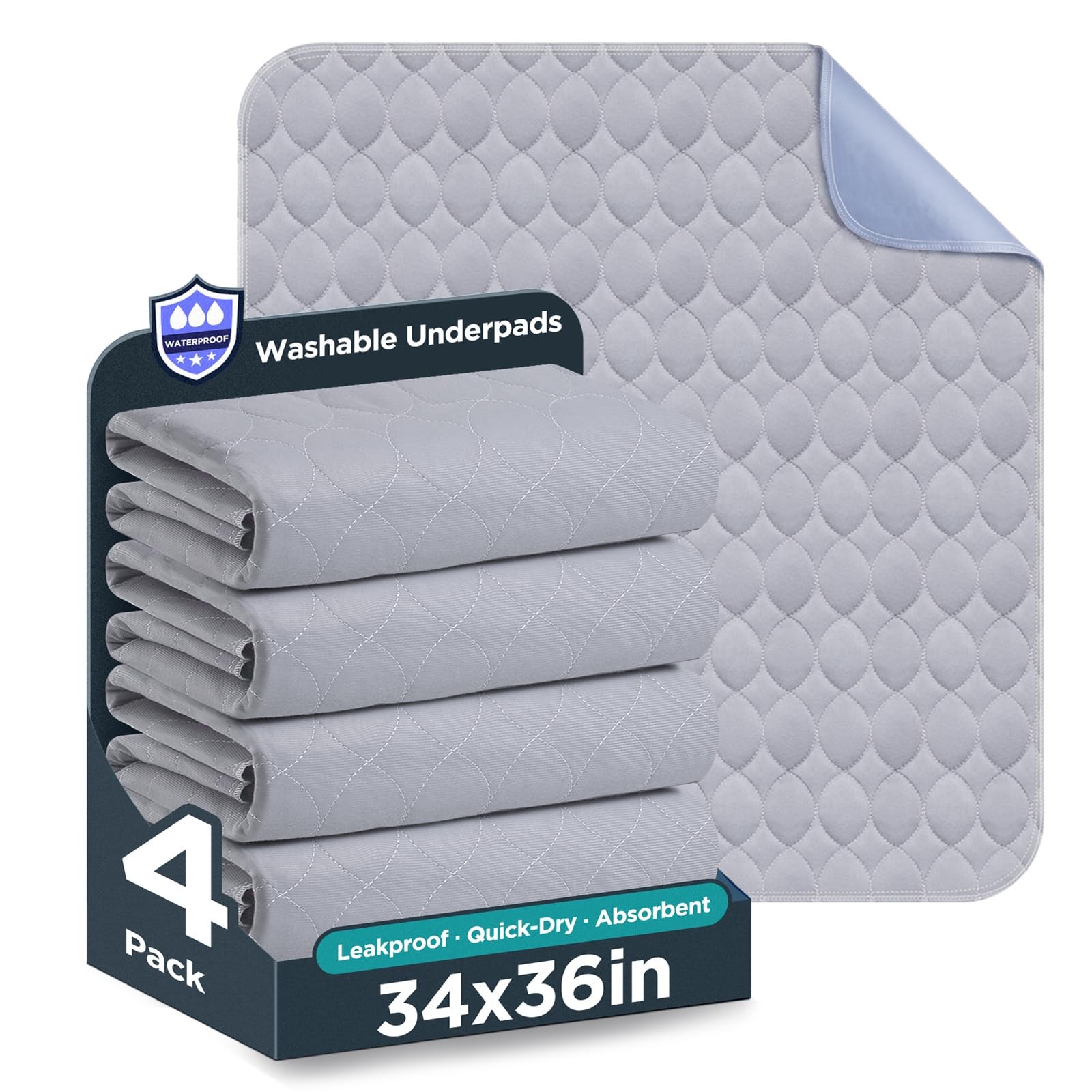Washable Bed Pads 34×36 Waterproof Reusable Incontinence Underpads 4 Pack