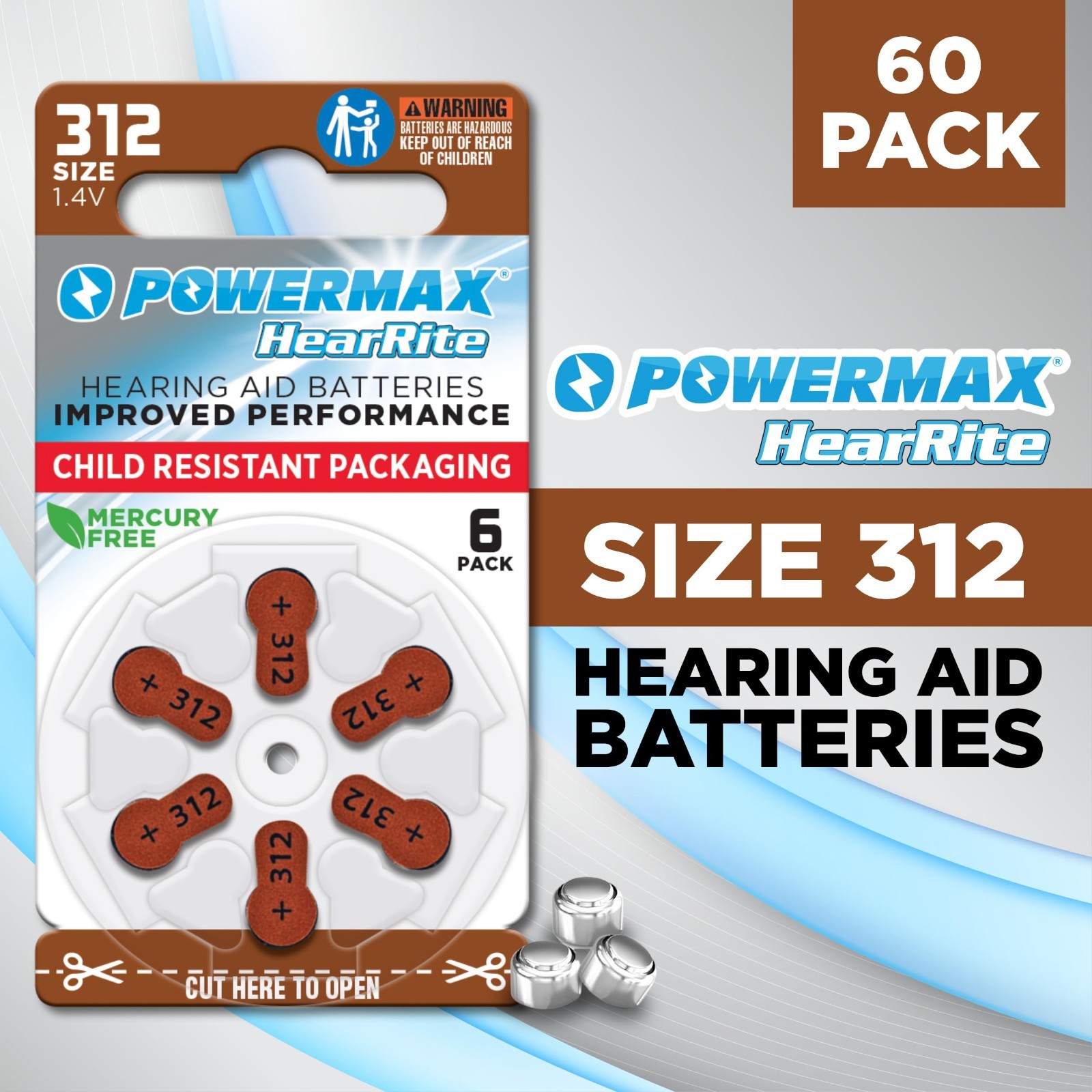 Long-Lasting Size 312 Hearing Aid Batteries, 60 Count, Easy Change Brown Tab Pac