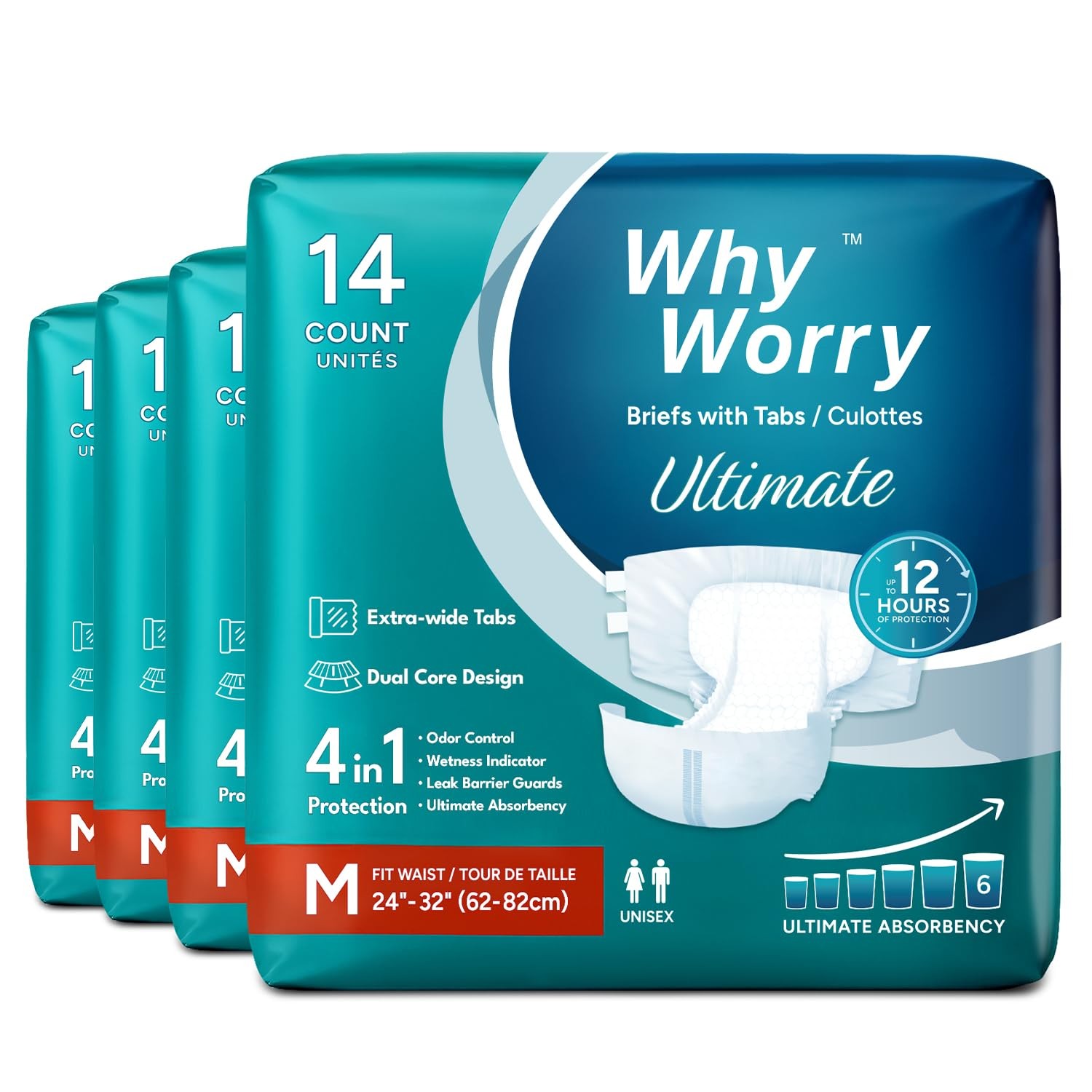 WhyWorry Ultimate Adult Diapers for Men and Women, Disposable Adult Briefs fo…