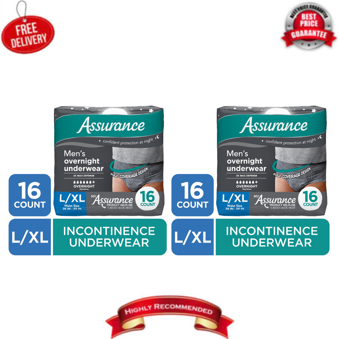 2PK Assurance Mens Incontinence Underwear Large Overnight Max Absorbency, 16 Ct