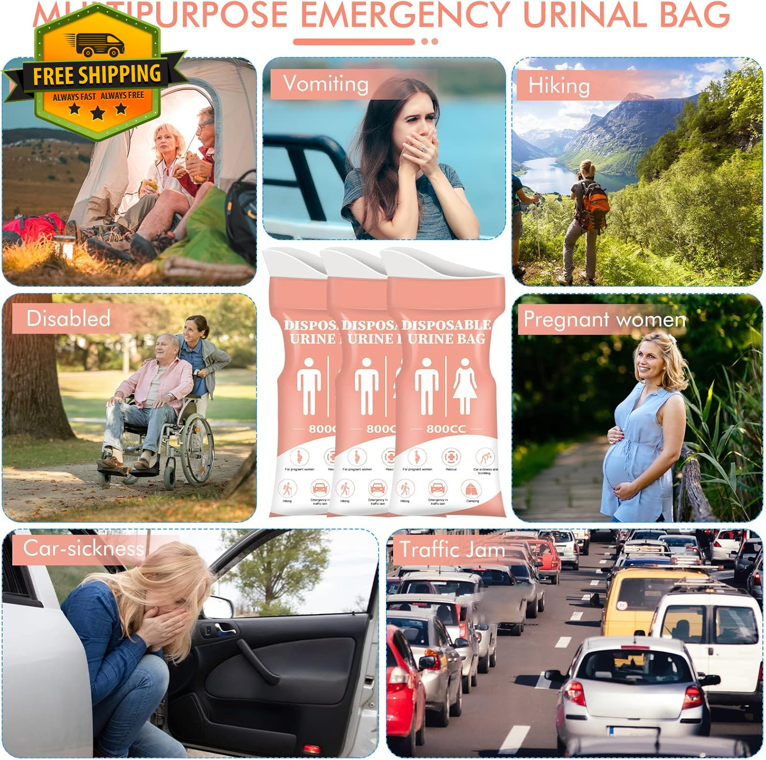 24PCS Disposable Urine Bags 800ML Portable Emergency Travel Urinal Set