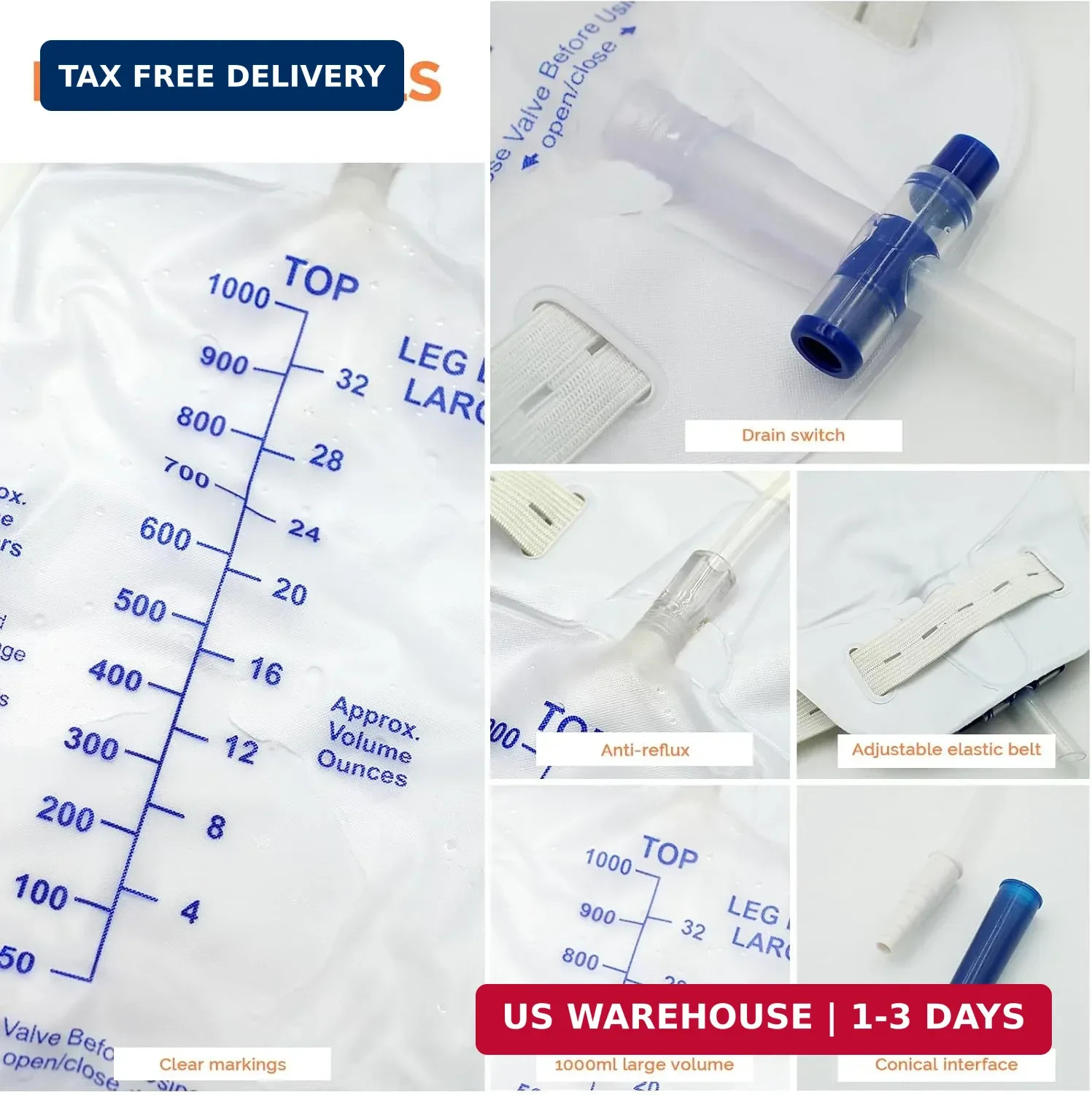 5 Pack Easy-Tap Leg Bag with Anti-Reflux Valve, 1000ml Catheter Bags with 2 Clot