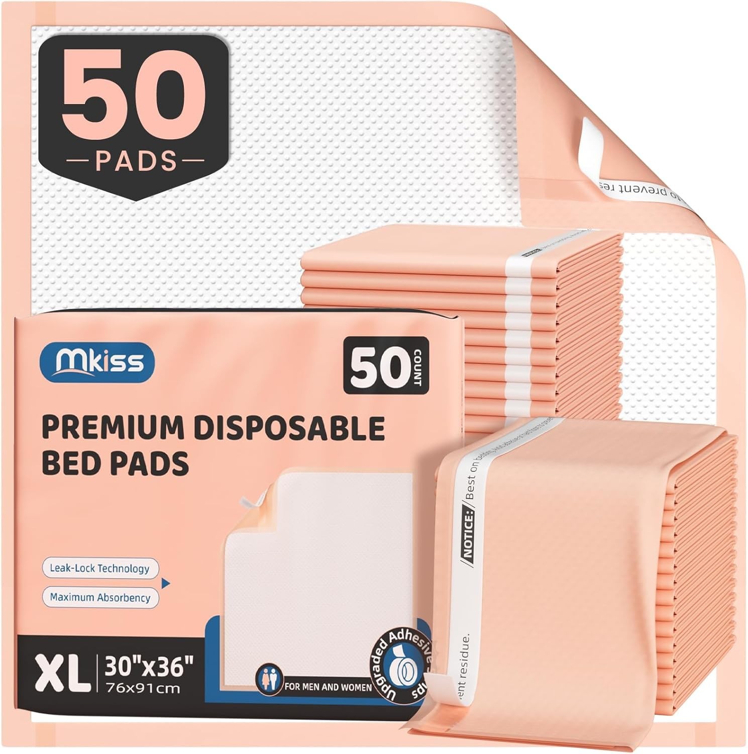 MKISS Bed Pads with Adhesive Strip 30″x36″, 50 Count, Thick Absorbent Incontinen