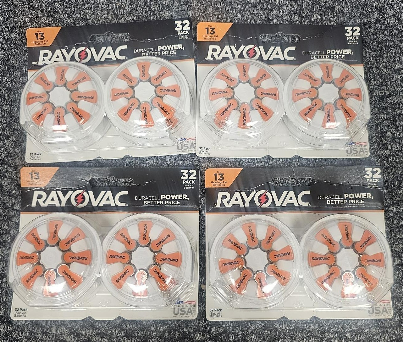 4 X RAYOVAC SIZE 13 HEARING AID BATTERIES 32 COUNT TOTAL 128 batteries 5/27 exp