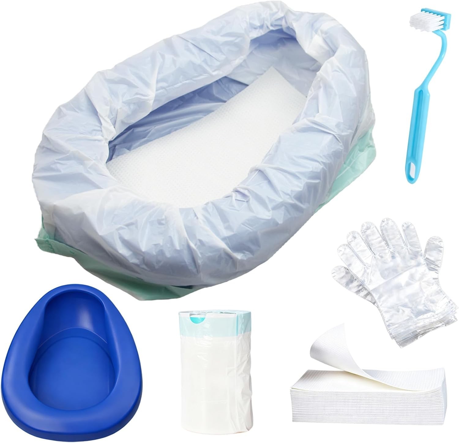 Bed Pan Set with 30 Disposable Liners, 30 Absorbent Pads, 80 Gloves and a Cleani