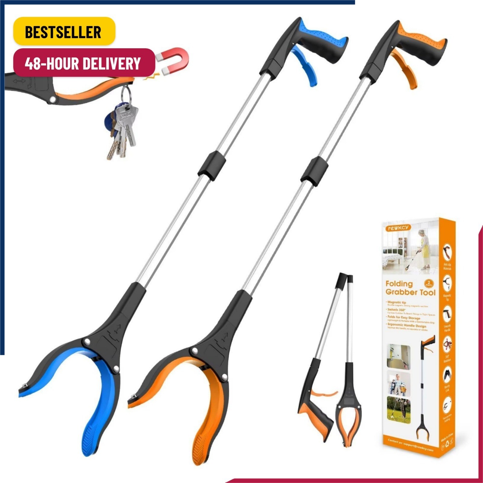 32″ Grabber Reacher Tool, 2-Pack Foldable Reacher Grabber Pickup Tool with 360°