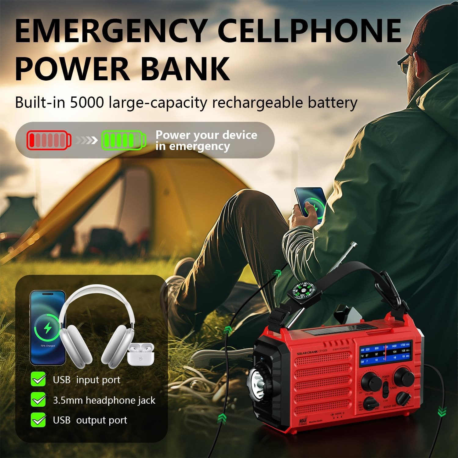 Emergency Solar Hand Crank Radio, AM/FM/SW NOAA Weather Alert Radio, Flashlight,